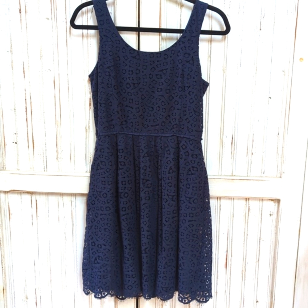 J.Crew, sleeveless navy blue eyelet dress. Size 4